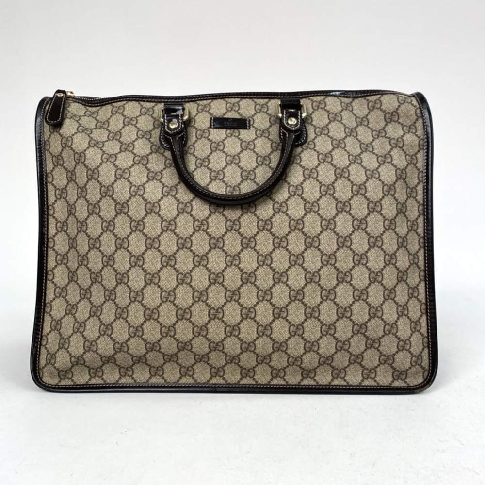 Gucci Beige GG Supreme Canvas Laptop Bag with Brown Trim